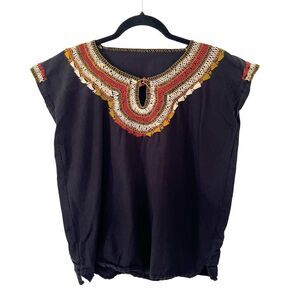 Black Neutral Embroidered Bohemian‎ Hippie Drop Sleeve T-Shirt